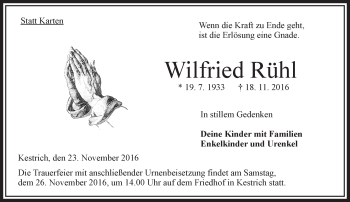 Traueranzeige von Wilfried Rühl von VRM Trauer