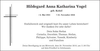 Traueranzeige von Hildegard Anna Katharina Vogel von  Gelnhäuser Tageblatt