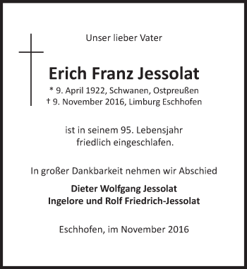 Traueranzeige von Erich Franz Jessolat von Trauerportal Rhein Main Presse