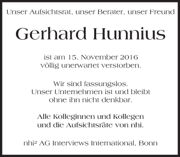 Traueranzeige von Gerhard Hunnius von Trauerportal Echo Online