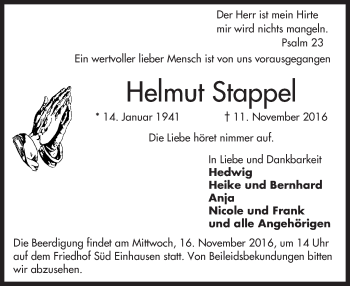 Traueranzeige von Helmut Stappel von Trauerportal Echo Online
