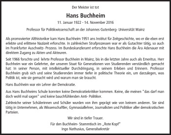 Traueranzeige von Hans Buchheim von Trauerportal Rhein Main Presse