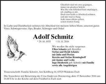 Traueranzeige von Adolf Schmitz von Trauerportal Rhein Main Presse