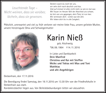 Traueranzeige von Karin Nieß von VRM Trauer