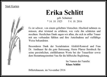 Traueranzeige von Erika Schlitt von VRM Trauer