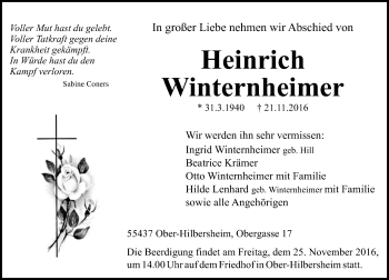 Traueranzeige von Heinrich Winternheimer von Trauerportal Rhein Main Presse