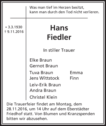 Traueranzeige von Hans Fiedler von Trauerportal Echo Online