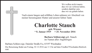 Traueranzeige von Charlotte Stauch von Trauerportal Rhein Main Presse