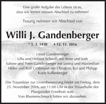 Traueranzeige von Willi J. Gandenberger von Trauerportal Echo Online