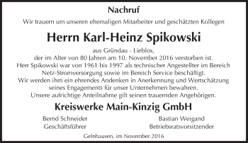 Traueranzeige von Karl-Heinz Spikowski von  Gelnhäuser Tageblatt