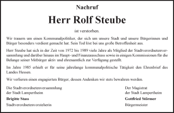 Traueranzeige von Rolf Steube von Trauerportal Echo Online