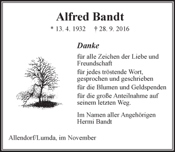 Traueranzeige von Alfred Bandt von  Gießener Anzeiger