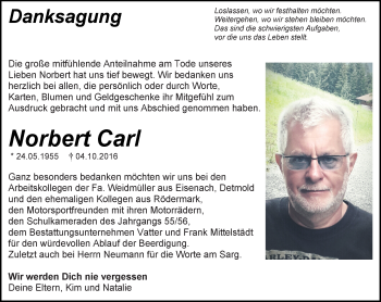 Traueranzeige von Norbert Carl von Trauerportal Echo Online