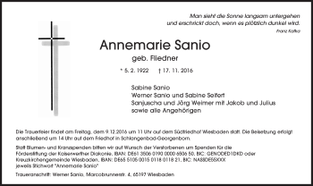 Traueranzeige von Annemarie Sanio von Trauerportal Rhein Main Presse