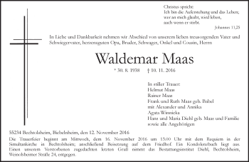 Traueranzeige von Waldemar Maas von Trauerportal Rhein Main Presse