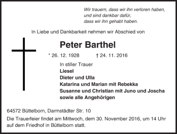 Traueranzeige von Peter Barthel von Trauerportal Echo Online