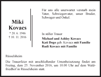 Traueranzeige von Miki Kovacs von Trauerportal Rhein Main Presse