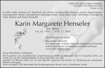 Traueranzeige von Karin Margarete Henseler von Trauerportal Rhein Main Presse