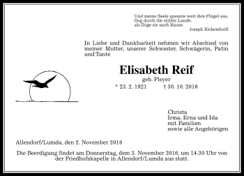 Traueranzeige von Elisabeth Reif von  Gießener Anzeiger