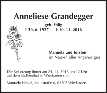 Traueranzeige von Anneliese Grandegger von Trauerportal Rhein Main Presse