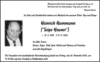 Traueranzeige von Heinrich Hammann von Trauerportal Echo Online