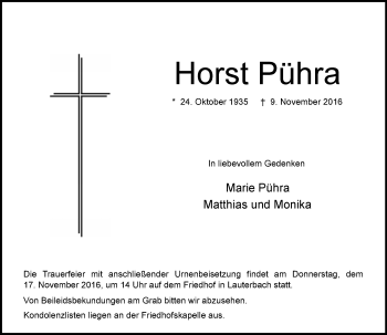 Traueranzeige von Horst Pühra von VRM Trauer