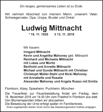 Traueranzeige von Ludwig Mittnacht von Trauerportal Rhein Main Presse
