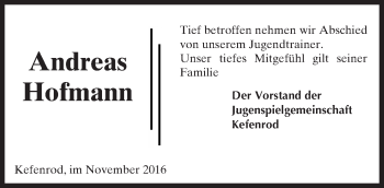 Traueranzeige von Andreas Hofmann von  Kreisanzeiger
