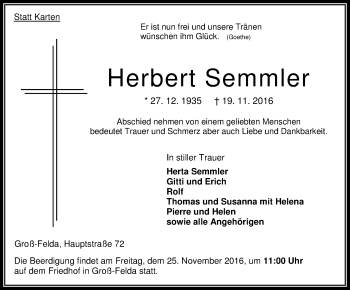 Traueranzeige von Herbert Semmler von VRM Trauer