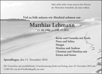 Traueranzeige von Matthias Lehmann von Trauerportal Rhein Main Presse