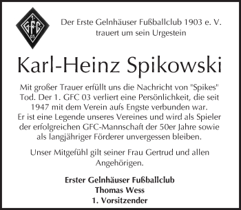 Traueranzeige von Karl-Heinz Spikowski von  Gelnhäuser Tageblatt