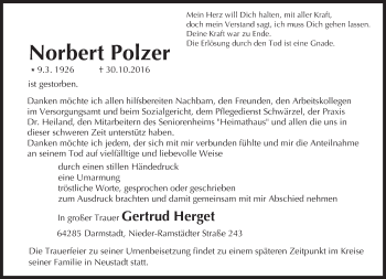 Traueranzeige von Norbert Polzer von Trauerportal Echo Online