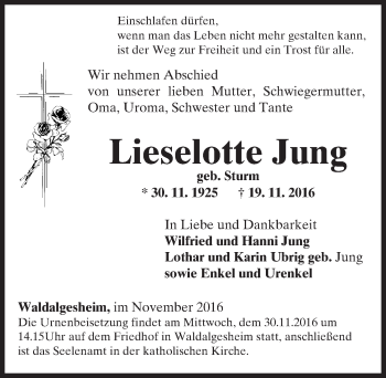 Traueranzeige von Lieselotte Jung von Trauerportal Rhein Main Presse