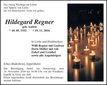 Traueranzeige von Hildegard Regner von Trauerportal Rhein Main Presse