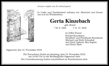 Traueranzeige von Gerta Kinzebach von  Gießener Anzeiger