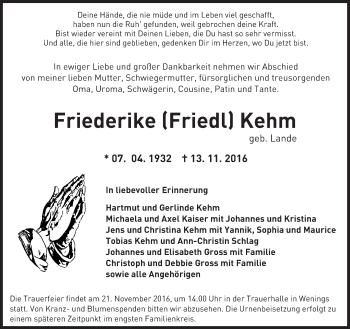 Traueranzeige von Friederike Kehm von  Kreisanzeiger