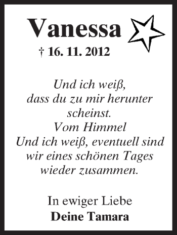 Traueranzeige von Vanessa Schauermann von  Kreisanzeiger