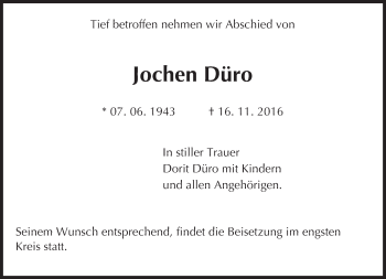 Traueranzeige von Jochen Düro von Trauerportal Rhein Main Presse
