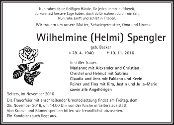 Traueranzeige von Wilhelmine Spengler von  Kreisanzeiger