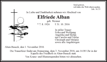 Traueranzeige von Elfriede Alban von  Gießener Anzeiger Traueranzeige von Elfriede Alban von  Gießener Anzeiger