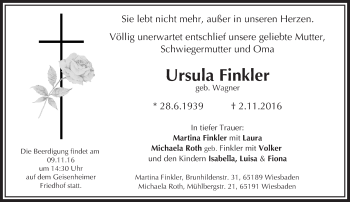 Traueranzeige von Ursula Finkler von Trauerportal Rhein Main Presse