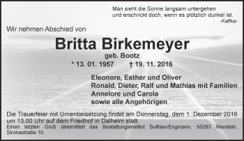 Traueranzeige von Britta Birkemeyer von Trauerportal Rhein Main Presse