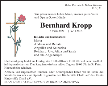 Traueranzeige von Bernhard Kropp von Trauerportal Echo Online