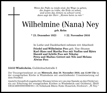 Traueranzeige von Wilhelmine Ney von Trauerportal Rhein Main Presse