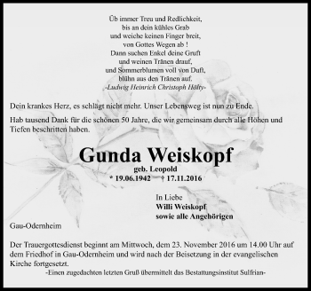 Traueranzeige von Gunda Weiskopf von Trauerportal Rhein Main Presse