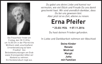 Traueranzeige von Erna Pfeifer von  Gelnhäuser Tageblatt