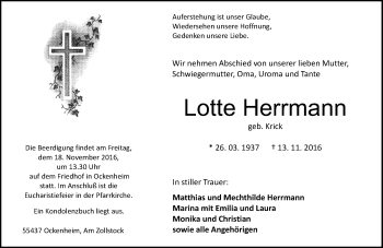 Traueranzeige von Lotte Herrmann von Trauerportal Rhein Main Presse