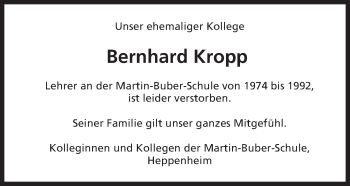 Traueranzeige von Bernhard Kropp von Trauerportal Echo Online