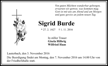Traueranzeige von Sigrid Burde von VRM Trauer