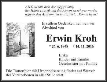Traueranzeige von Erwin Kroh von  Kreisanzeiger